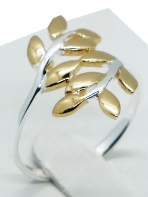 Silver Ring Leaves Two Tone Gold