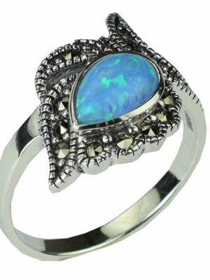Silver Ring Marcasite Blue Opal