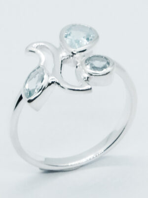 Silver Ring Leaves Blue Topaz