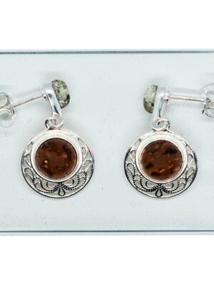 Silver Amber Earring Round Filigree 4g