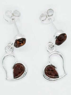 Silver Amber Earring Heart Double Stone 2.7g