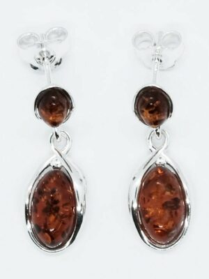 Silver Amber Earring Oval Double Stone 2.7g