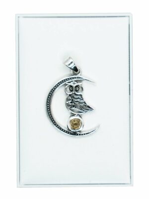 Silver Pendant Moon Owl Citrine