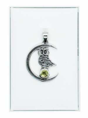 Silver Pendant Moon Owl Peridot