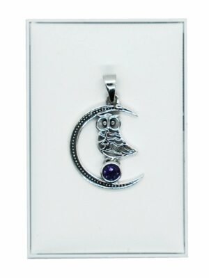 Silver Pendant Moon Owl Amethyst