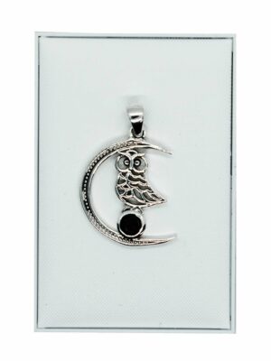 Silver Pendant Moon Owl Onyx