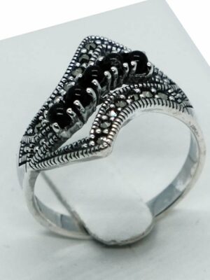 Silver Ring Marcasite 5 Onyx Stones