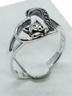 Silver Ring Marcasite Heart Bear