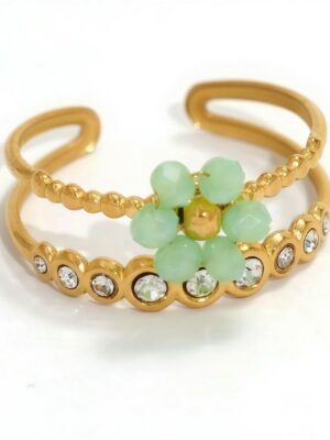 Ring Green Flower Gold Plated