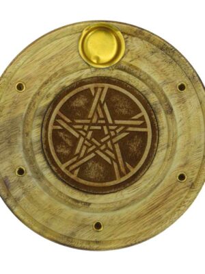 Incense Holder Wood Round Pentagram