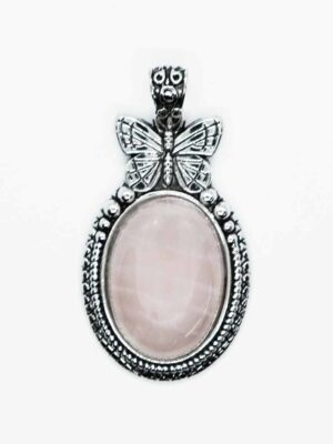 Pendant B/fly Oval Rose Quartz
