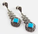 Earring Silver Marcasite Square Stone Drop Turquoise