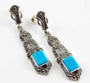 Earring Marcasite Point Square Stone Drop Turquoise