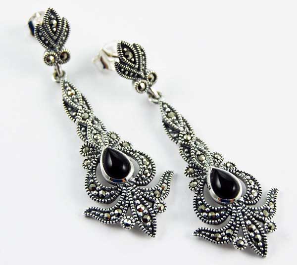 Earring Silver Marcasite Onyx