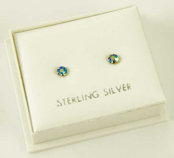 Earring Silver Blue Rainbow Stone Claw 2mm