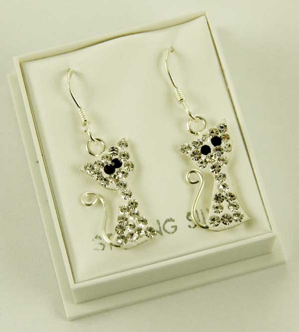 Silver Earring Cat CZ L30mm